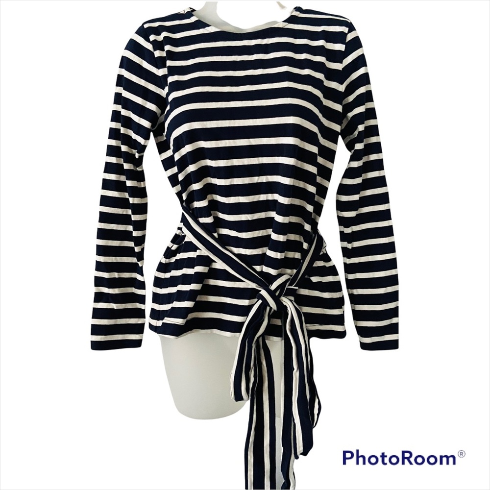 J Crew Womens Crossback Top Long Sleeve Belted Tie Blue White Striped Sz XS